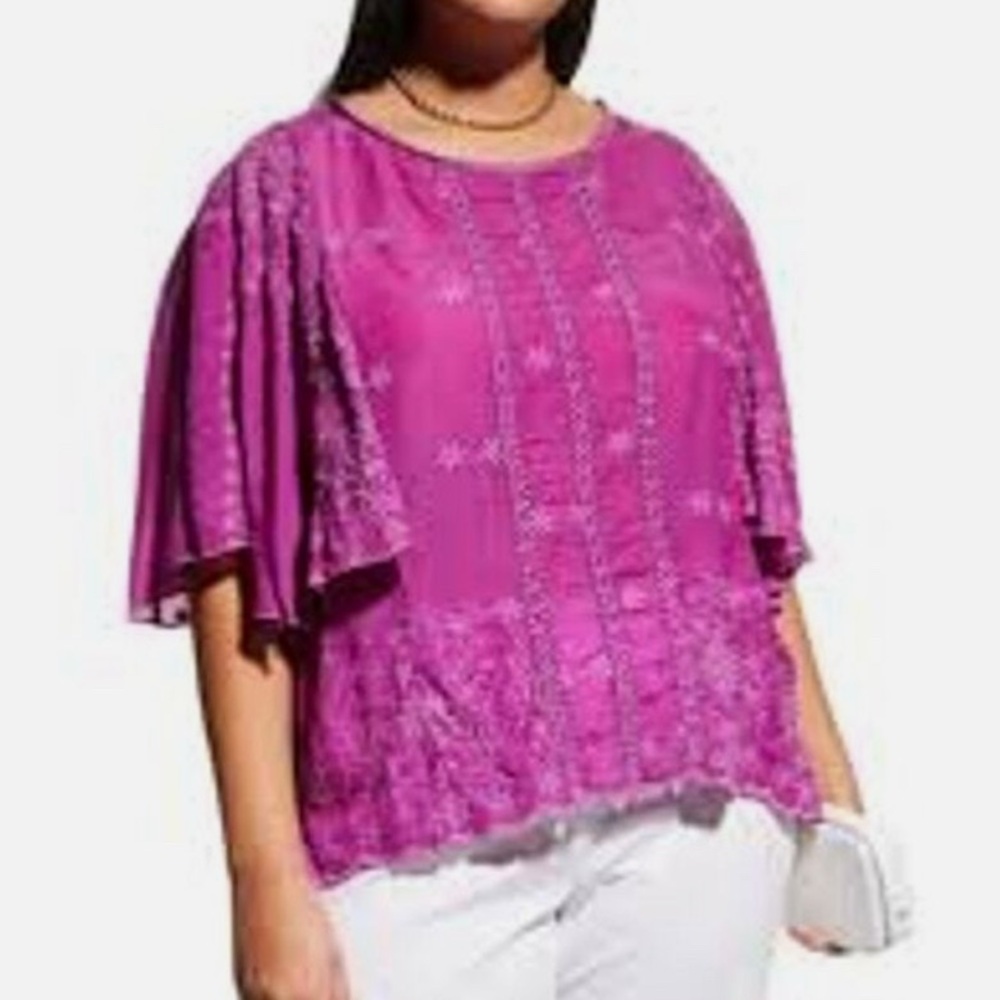 Johnny Was Embroidered Purple Blouse Flutter Sleeve Top Large Floral Boho Eyelet
